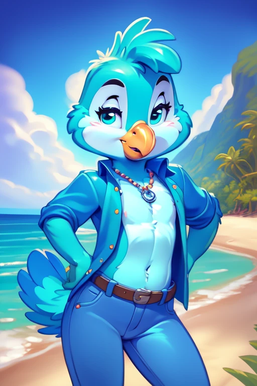 paco papagaio, ((open shirt, jeans)), necklace, beach, sea, ocean, sky, tropical, teal body,feathered tail, 
 <lora:Paco_Papagaio:0.8>, uploaded on e621, (detailed background, depth of field), (intricate:1.1), (high detail:1.2), (soft focus), (masterpiece, best quality, 4k, 2k, shaded, absurd res), by Chunie, by CyanCapsule, by Hallogreen