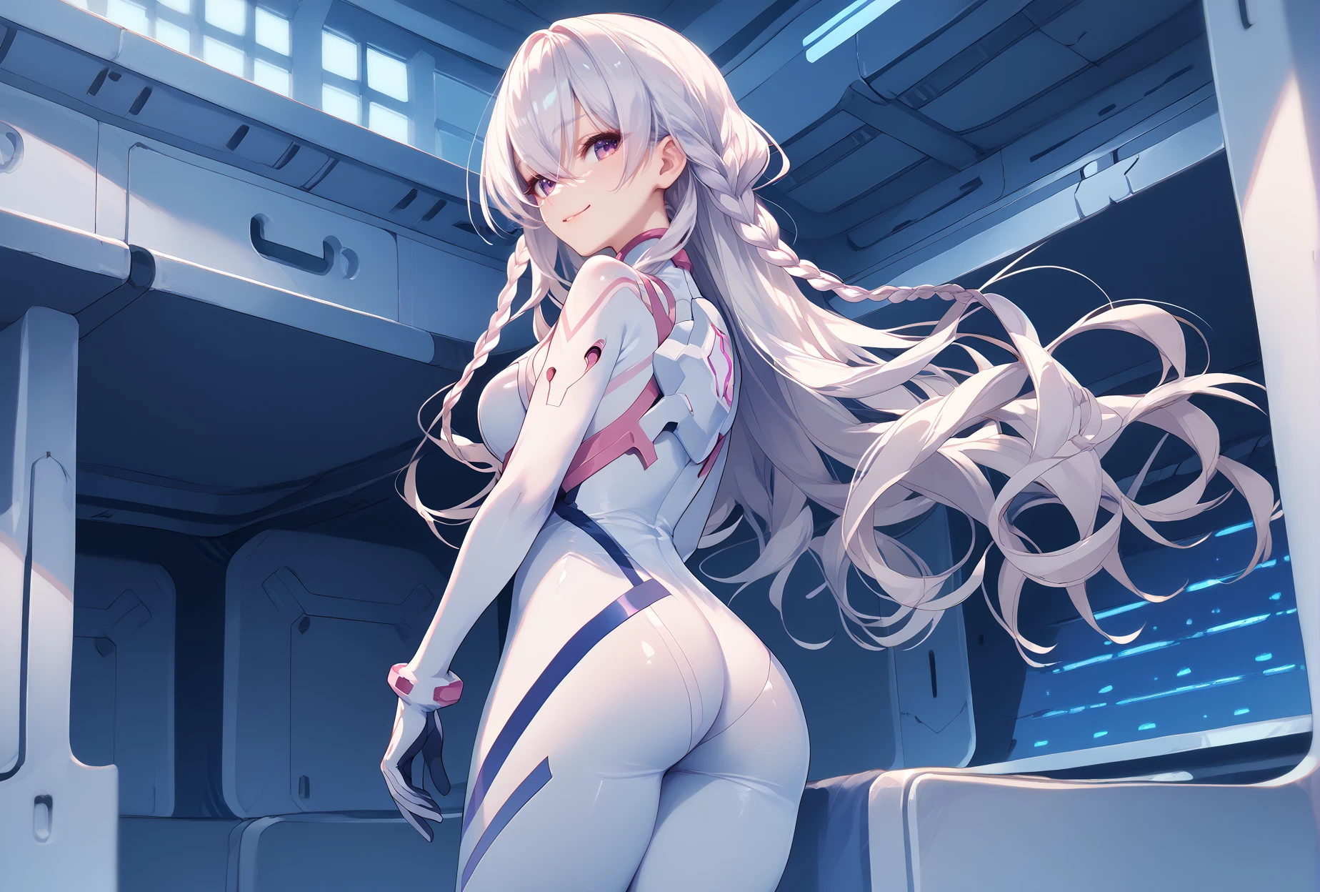 score_9, score_8_up, score_7_up, score_6_up, score_5_up, score_4_up,anime source
  Mai(Ensemble), purple eyes, braid, long hair, white hair, hair between eyes,smile,
 Evasuit08, white bodysuit,red color,
from behind, ass focus,<lora:MaiXLPony:1>,<lora:Eva08XLPony:1>