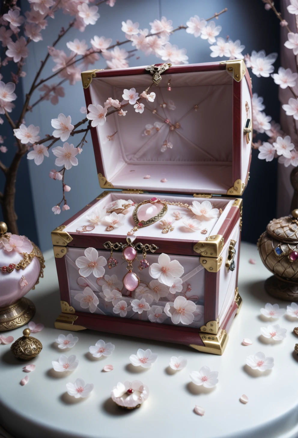 score_9, score_8_up, score_7_up, a treasure chest filled with jewelry and cherry blossoms, in a display case made out of RoseOrganzaPY <lora:RoseOrganza_PONY-000005:1>,  surrounded by petals