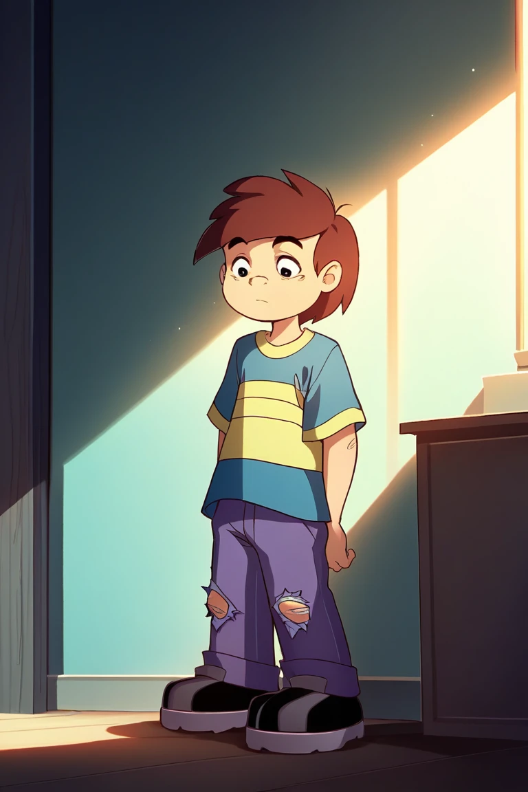 score_9, score_8_up, score_7_up, source_anime, kevin_whitney, brown hair, striped shirt, 1boy, shoes, torn clothes, pants, black eyes, indoors, standing, male focus, BREAK
close-up, (tight framing:1.2), (emphasis on eyes:1.3), (soft focus:1.1), (warm lighting:1.2), (pastel color palette:1.1), (gentle expression:1.0)

solo