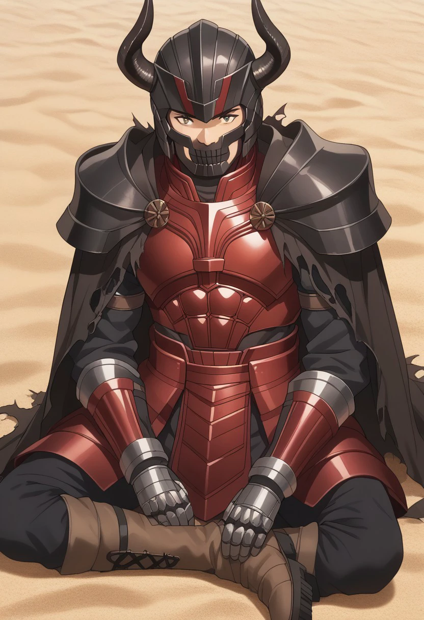 score_9, score_8_up, score_7_up, source_anime, rating_safe, sand, Chromofuri, 1boy, male focus, anime screencap, 3rd design, dark grey horned helmet, dark grey breastplate, dark grey pauldrons, red waist armor, dark grey gauntlets, dark grey boots,, dark brown torn cape, sitting