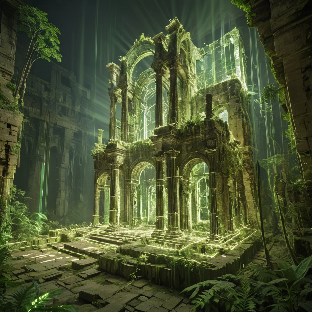 masterpiece, best quality,  <lora:add-detail-xl:1>   <lora:ArsMorph_-_World_of_Light_-_SDXL:1> arsworldoflight An ancient light ruin, crumbling structures of once-bright illumination now flickering and fading. New growth of vibrant light vegetation reclaims the dimming architecture.