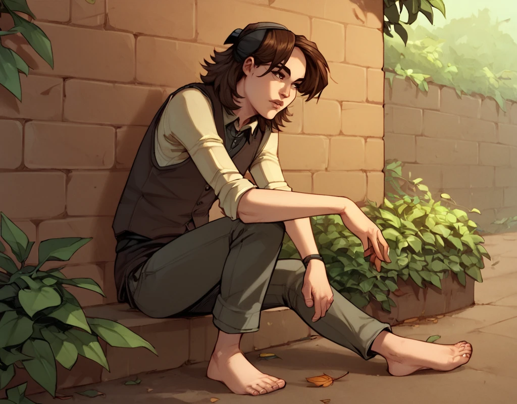 score_9, score_8_up, score_7_up, score_6_up, Arya-Stark, GoT-GraphicNovel, 1girl, solo, shirt, brown hair, brown eyes, outdoors, pants, vest, leaf, barefoot, brick wall, sensitive, <lora:Arya_Stark_Graphic_Novel_Edition:1>