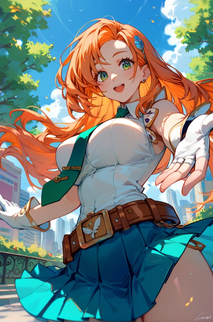 score_9, score_8_up, score_7_up, very aesthetic, source_anime, detailed,
park. cityscape, 
pov, from below, reaching out, 
<lora:cliana_v01:0.9>clianaDef, orange hair, green eyes, long hair, 
white gloves, large breasts, green necktie,  blue pleated skirt, white hairpin, belt, buckle,  sleeveless,, zPDXL