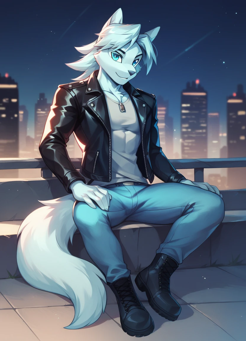 score_9, score_8_up, score_7_up, score_6_up, (du57aet, anthro, tail), ((male focus, 1boy, solo)), male, full-length portrait, blue eyes, leather jacket, jeans, boots, city background, night <lora:Dust_Elysian_Tail_for_Pony:0.9>