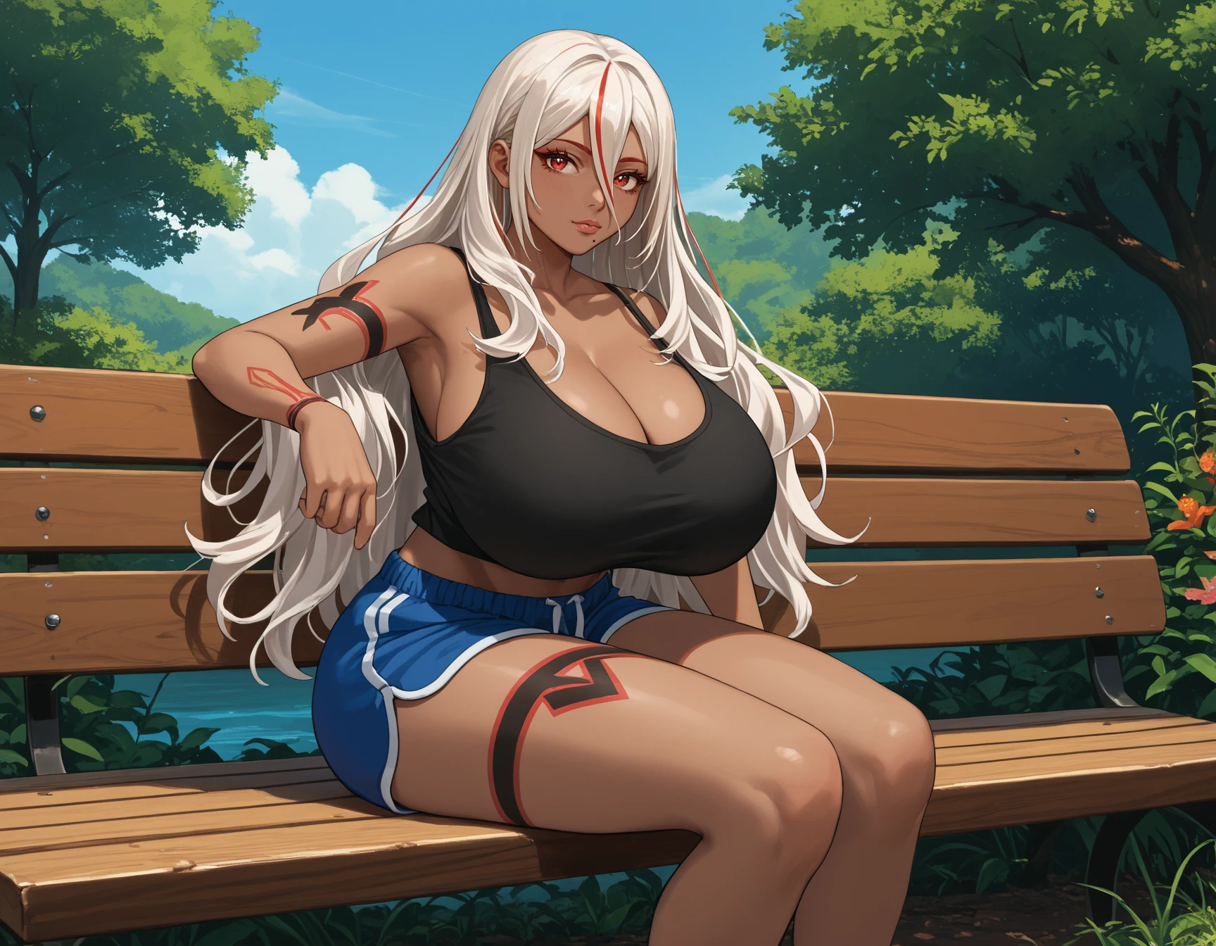 score_9, score_8_up, score_7_up,score_6_up  source_anime,gigantic breasts, tank top,dolphin shorts, sitting,bench outdoors,arm rest, 
<lora:tama-somniumfiles-koto-PonyXL:1> TaDEF, leg tattoo,long hair,mole under mouth, streaked hair, hair between eyes, red eyes,dark-skinned female, dark skin,white hair