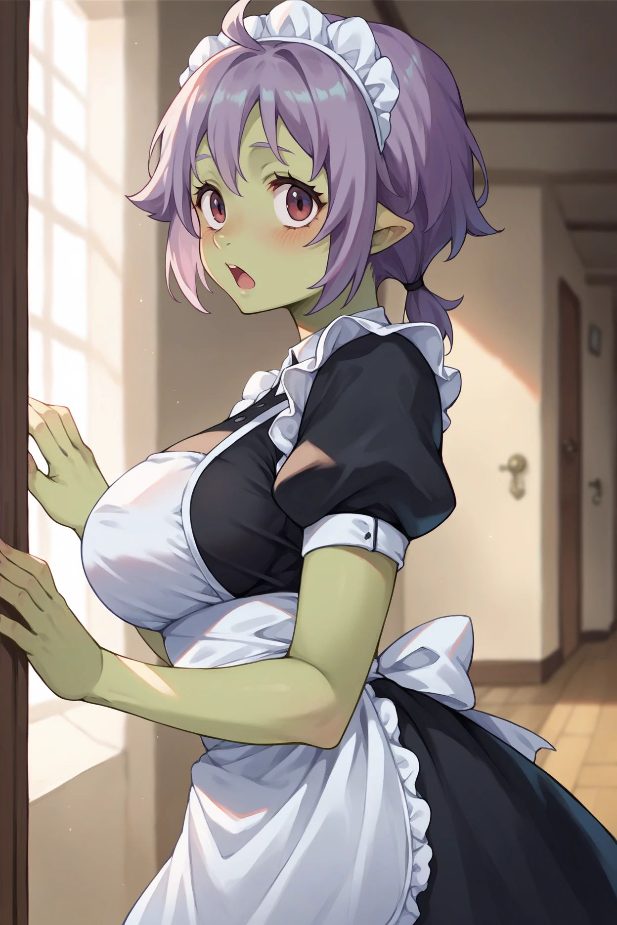 score_9, score_8_up, score_7_up, score_6_up, source_anime, 1girl, solo,  <lora:tsharuna-pdxl-nvwls-v1-000006:1> tsharuna, green skin, large breasts, maid headdress, puffy sleeves, apron, black dress, maid dress, open mouth, blush, from side, hallway, looking at you