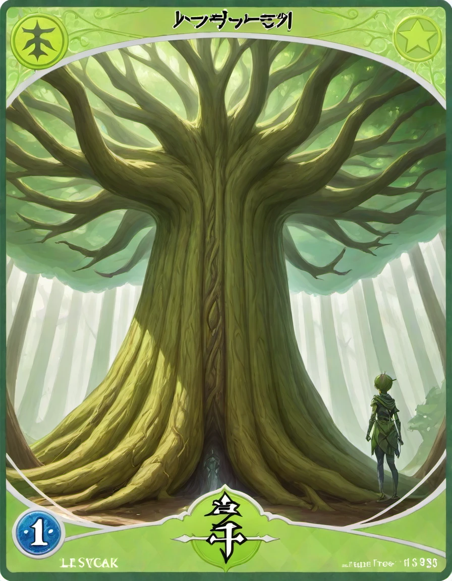 playingcard, tcg, <lora:Playing_cards:1>, mtg, giant tree, green