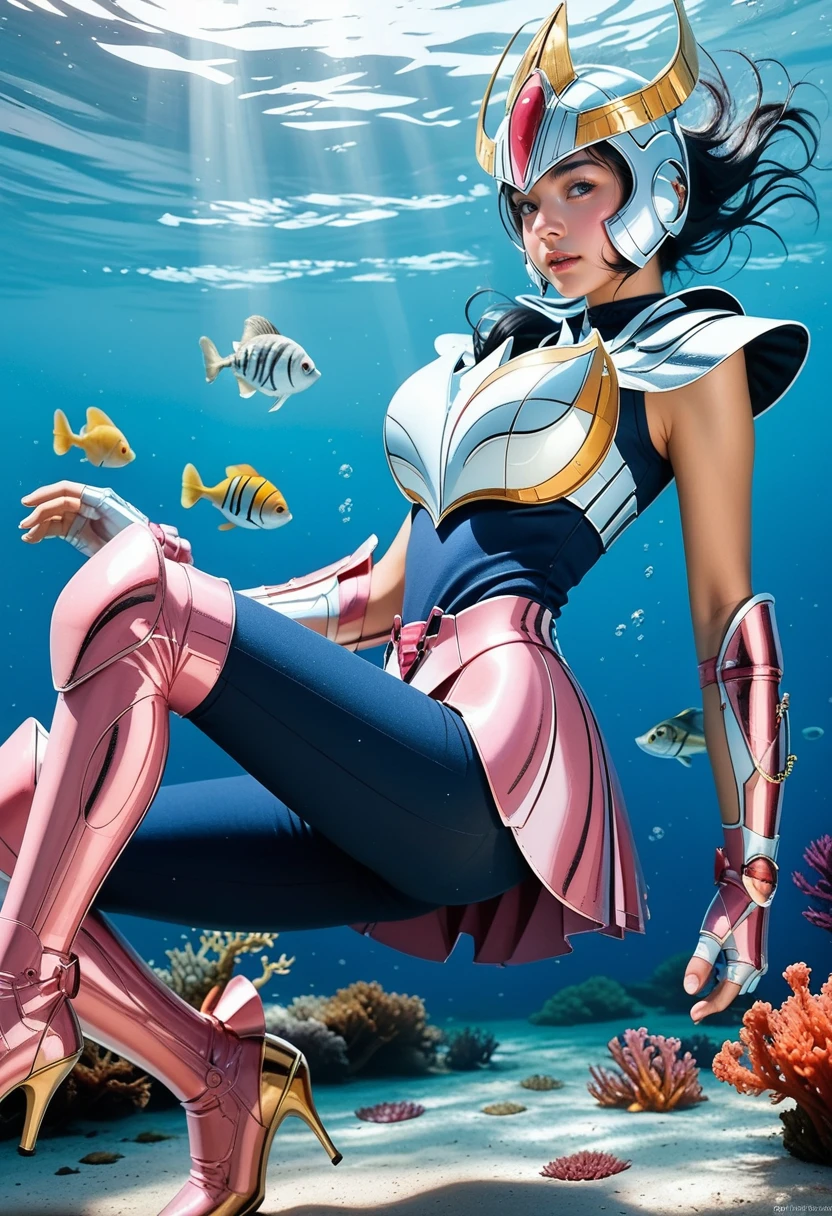 score_9,score_8_up,score_7_up,8k,pretty face,detailed face,detailed eyelashes,get eyebrows,heavy make-up,outdoors,atlantis,seabed,(underwater:1.3),sea fish,large breasts,slim waist,wide hips,1girl,((intricate)),<lora:saintseiya5-pony-v80-000006:0.8>,
cowboy shot,1gikki,short hair,armor,helmet,black hair,high heels,boots,breastplate,blue corset,pink armor skirt,blue leggings,fingerless gloves,gloves,shoulder armor,armored boots,high heel boots,pink footwear,pauldrons,gauntlets,