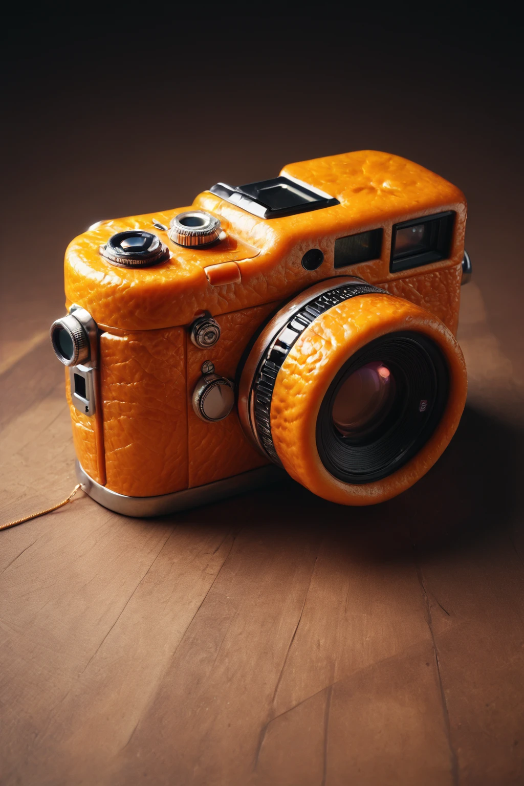 score_9, score_8_up, score_7_up, source_photo, realistic, nsfw, <lora:Orange_Peel:0.8>, orange peel, A concept design for a camera featuring a body crafted to resemble an orange peel. Imagine a sleek, metallic lens contrasting with the warm, organic texture of the orange peel. The camera's shape should be reminiscent of classic film cameras.