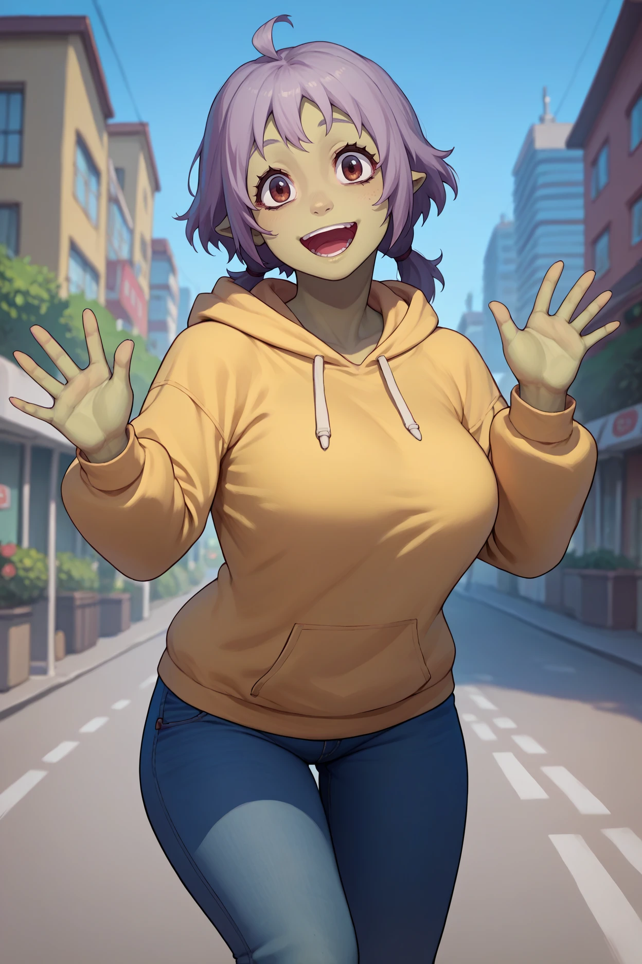 score_9, score_8_up, score_7_up, score_6_up, source_anime, 1girl, solo,  <lora:tsharuna-pdxl-nvwls-v1-000006:1> tsharuna, green skin, large breasts, yellow hoodie, jeans, looking at you, waving, happy, open mouth, city