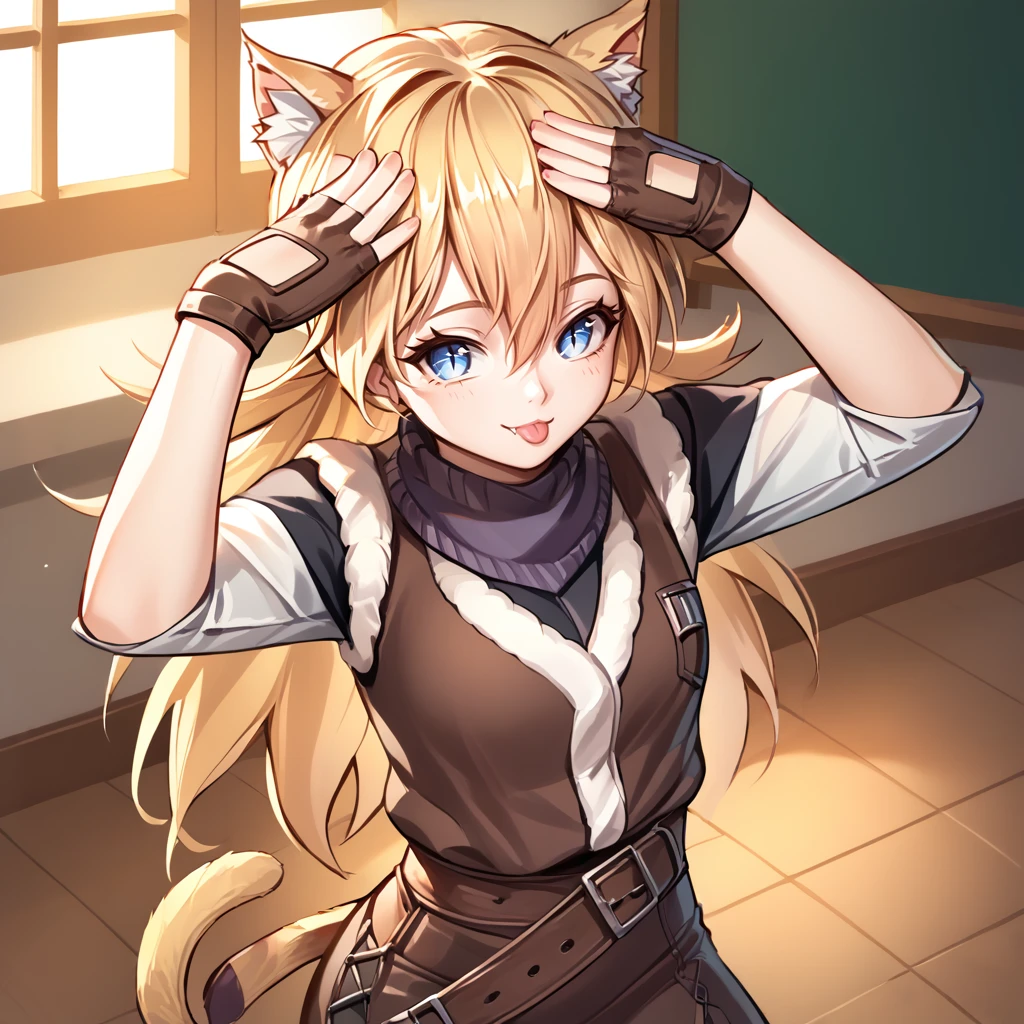 <lora:IDW (4):1>,1girl,solo,idw \(girls' frontline\),idw \(cloak and cat ears\),blonde hair,hair between eyes,long hair,cat ears,animal ear fluff,blue eyes,slit pupils,fangs,cat tail,black undershirt,fur vest,fingerless gloves,belt accessory,brown footwear,bandaged leg,fur greaves,<lora:AhEtoBlehMeme_pdxl_Incrs_v1:0.8>,AhEtoBlehMeme,closed eyes,tongue out,:p,hands on own head,smile,indoors,classroom,, score_9, score_8_up, score_7_up, perfect anatomy, source_anime, zPDXL2,