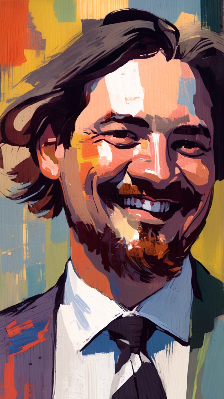 portrait of vinque, painting by xDElysium, smiling, medium long hair, lopsided smiling, looking at viewer, wearing black suit, ridiculous tie, wide collar white shirt, painterly style, expressionism, strokes rough, brushstrokes visible, rawness, viscerality, color pallete vivid, hand-painted backgrounds, oil painting, high contrast, dramatic lighting 