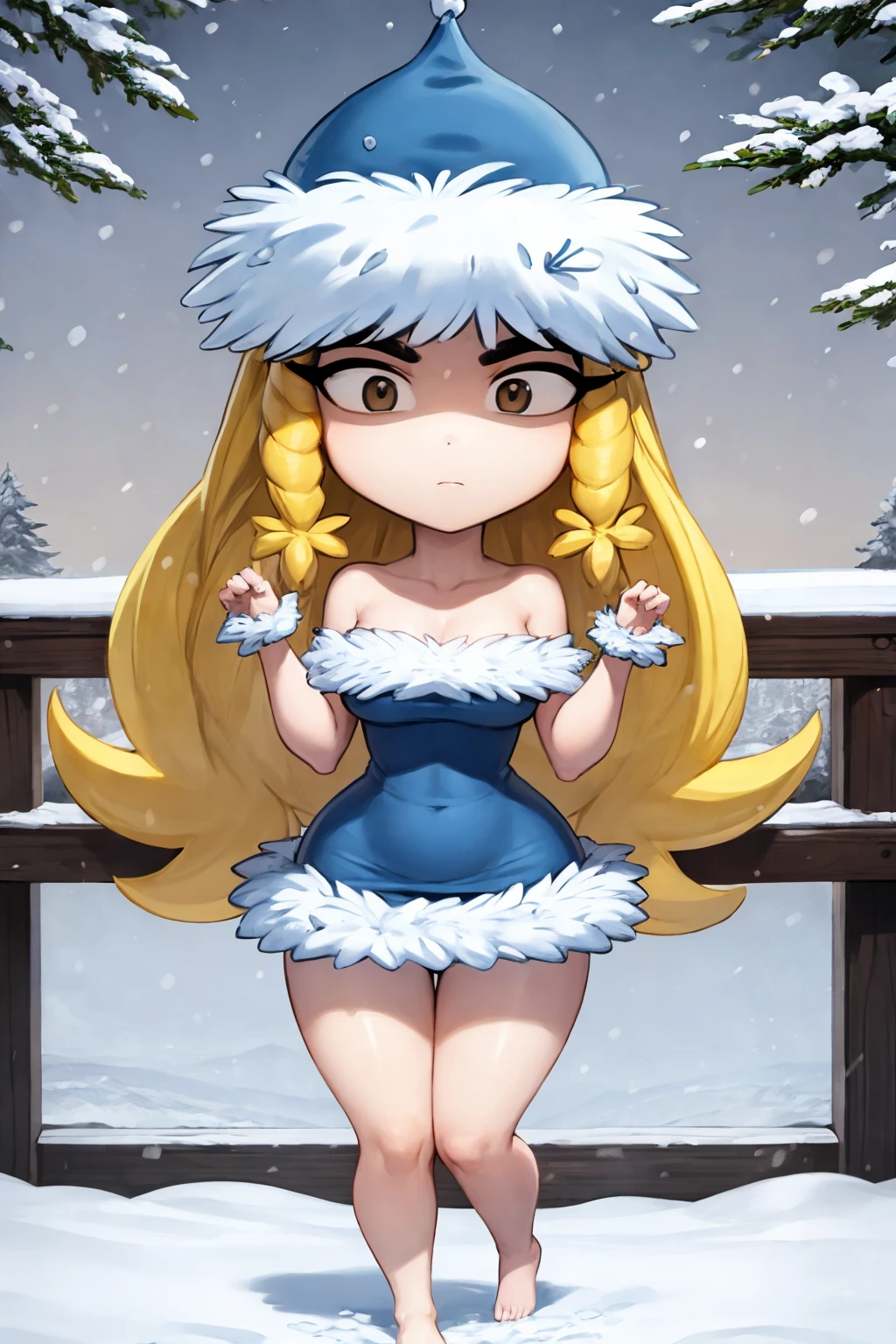 masterpiece, best quality,
chibi, 1girl, helenahb, blonde hair, long hair, black eyes,
hat, bare shoulders,  blue dress, fur trim, barefoot,
expressionless, looking at viewer, outdoors, snow, snowing, solo, tree, winter    <lora:HelenaHandbasket:1>