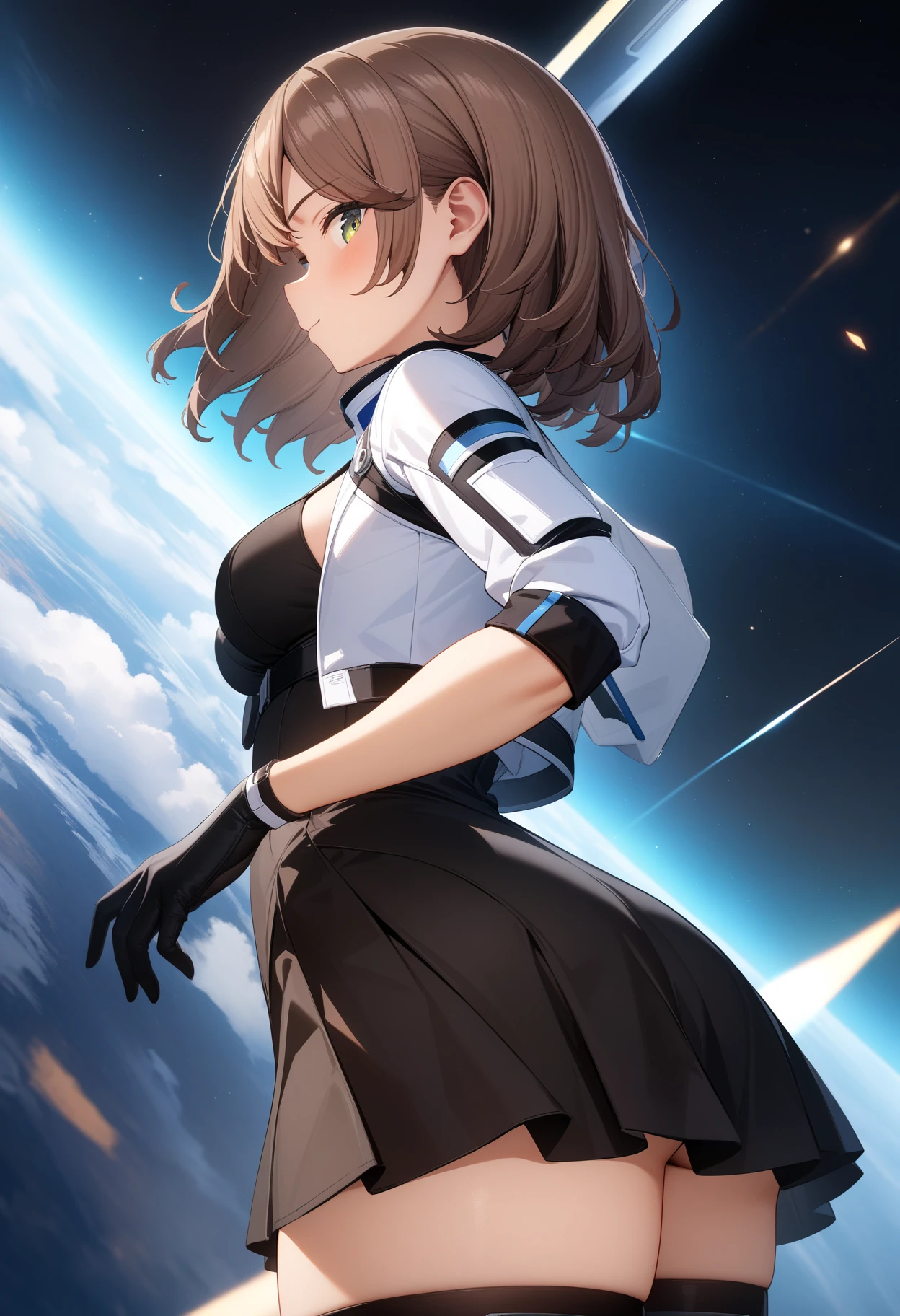 masterpiece,best quality,very aesthetic,absurdres,rim light,metallic luster,intricate details,1girl,<lora:akino_v4:1>,akino,Poliucos,black dress,black gloves,white cropped jacket,black thighhighs,thigh boots,space,cowboy_shot,looking_at_viewer,from_side,profile,Inside a Spaceship,, masterpiece,best quality, very aesthetic, absurdres, ultra detailed, high resolution, 4k, extremely detailed CG,