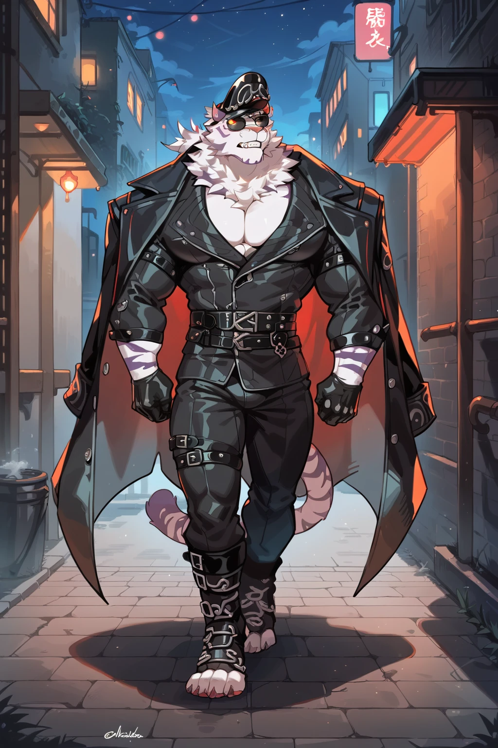 score_9, score_8_up, score_7_up,
((best quality)), absurdres,
 <lora:JinQiuPXL:1> jinquipxl, leather hat, sunglasses, leather jacket, coat cape, leather gloves, leather pants, whip, anthro, 1boy, 
full body, walking, nude, cleavage, muscular figure, dark, night, alley,
<lora:Smooth Anime Style LoRA XL:0.7> Smooth, Anime, <lora:Expressive_H:1> Expressiveh,