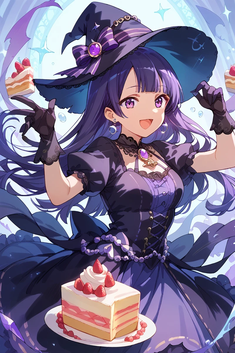 score_9, score_8_up, score_7_up, score_6_up, 1girl,
 <lora:Tamao_Tomoe:0.9> tamao, long hair, witch hat, jewelry, earrings, gloves, purple hair, purple eyes, solo, dress, open mouth, smile, cake