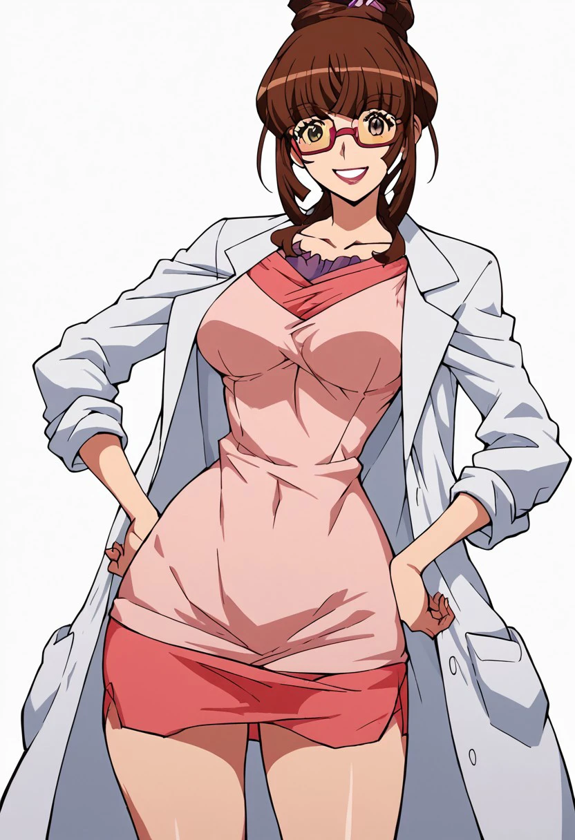 score_9, score_8_up, score_7_up, score_6_up, score_5_up, score_4_up, masterpiece, anime_lineart anime coloring, solo, big thighs, thin waist, medium breasts, White background, Ryoko_Sakurai, Brown hair, glasses, Dress, lab coat, smile, glasses