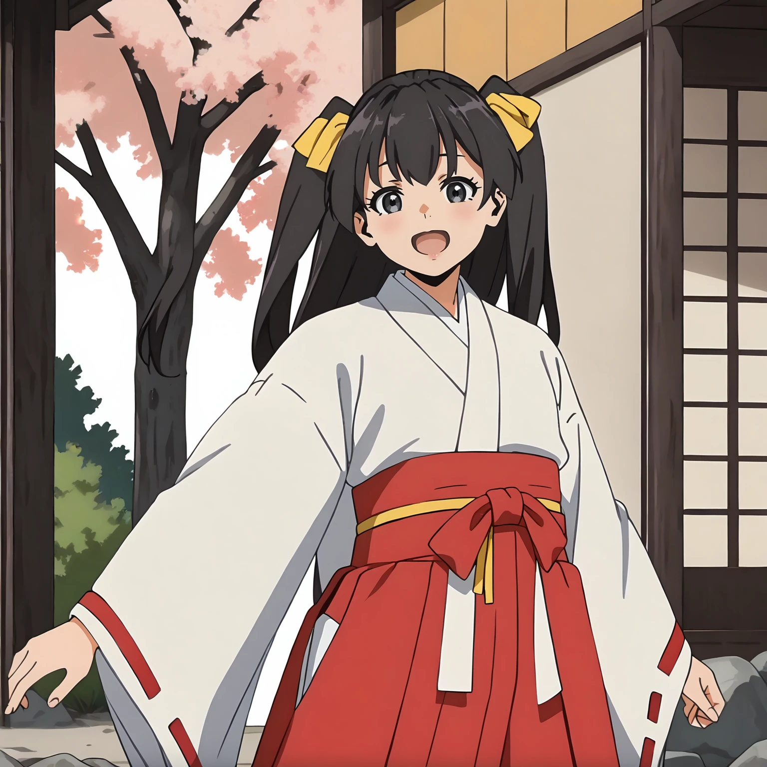 <lora:TES_HikaruXLpony002>,
smile,open mouth,
solo,
Hikaru,1girl,black brown hair,two -side up,hair ribbon,long hair,black eyes,
miko,japanese clothes,ribbon-trimmed sleeves,
red hakama,
outdoors,
standing,