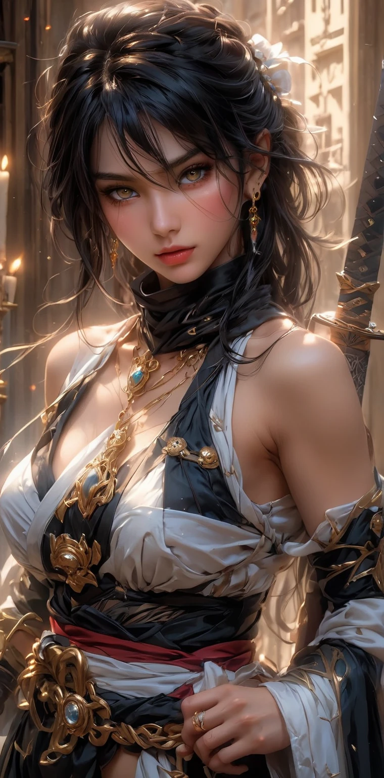 A close-up shot of a mysterious maiden, her piercing detailed eyes locked onto the viewer's gaze as she proudly showcases her toned bare shoulders and luscious black locks falling between her eyes. Her cleavage is framed by delicate jewelry, and a sash wraps around her waist. A sword rests at her side, its detached sleeves adding an air of mystique to her enigmatic pose, her lips sealed in a subtle smile.<lora:EMS-368063-EMS:0.800000>, <lora:EMS-371090-EMS:0.600000>