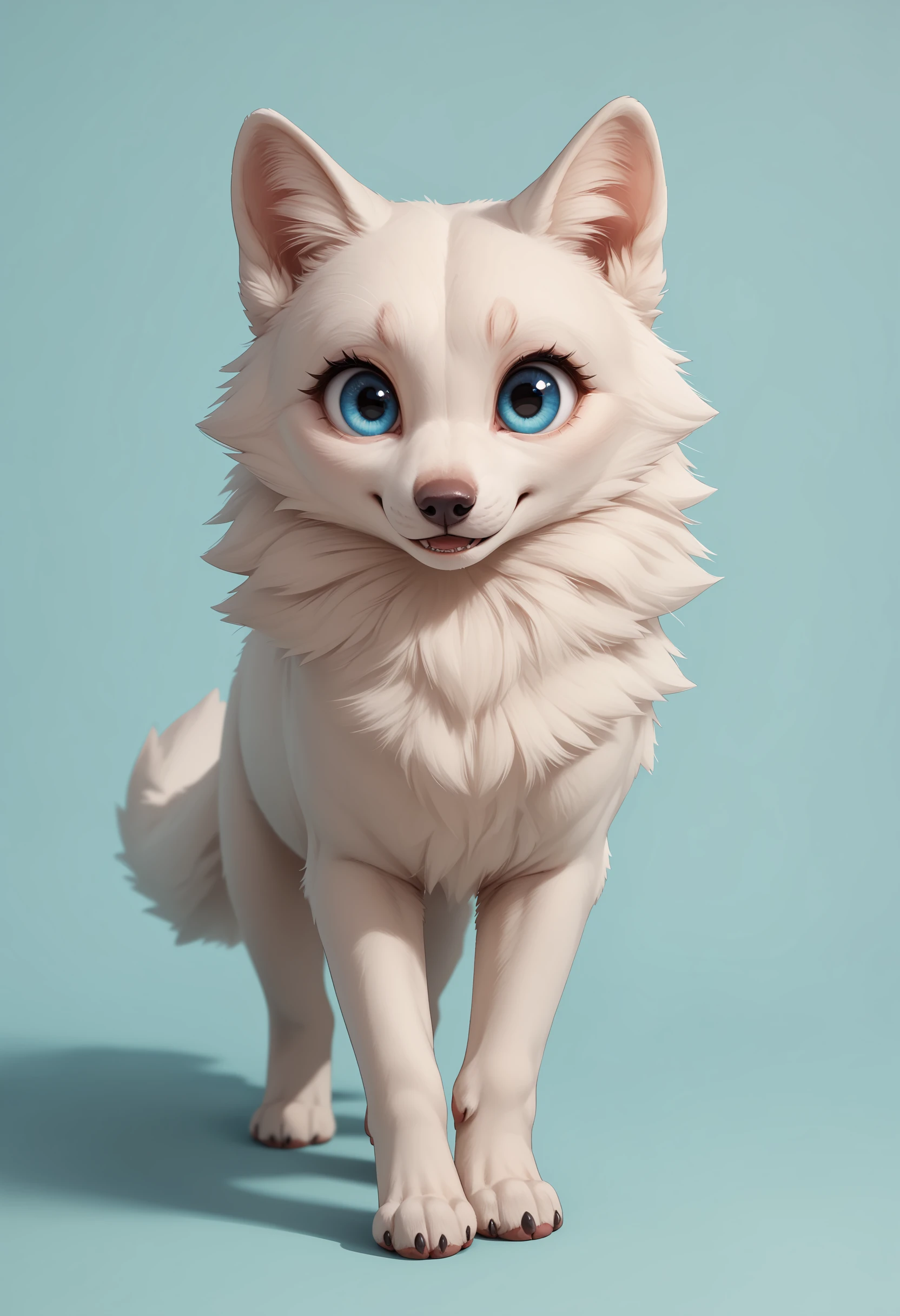 score_9, score_8_up, score_7_up, score_6_up, score_5_up, score_4_up, solo, cute wolf, feral, white fur, big eyes, eyelashes, smile, looking at viewer, full body,
(light blue background)