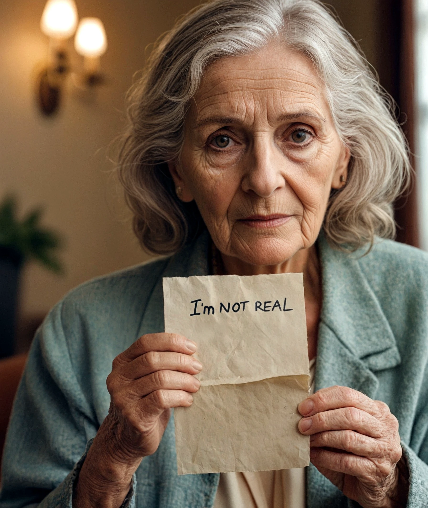 cinematic photo phone camera photo of a plain old woman holding a pice of paper with handwritten text '' i'm not real'', cinematic photorealistic, 8k uhd natural lighting, raw, rich, intricate details, key visual, atmospheric lighting, 35mm photograph, film, bokeh, professional, 4k, highly detailed