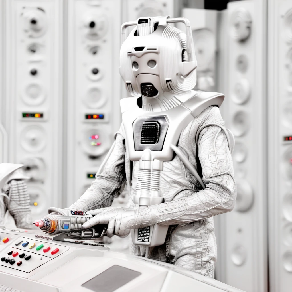 A Cyberman at a TARDIS console with a laser gun on the console