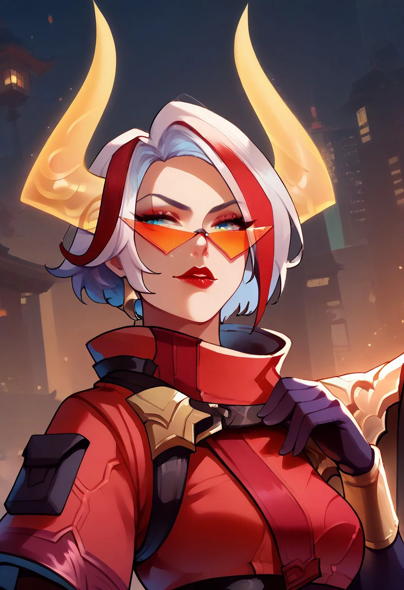 score_9, score_8_up, score_7_up, ultra detailed, 1girl, lbfiora, white hair, yellow glow horns, tinted eyewear, nigh city