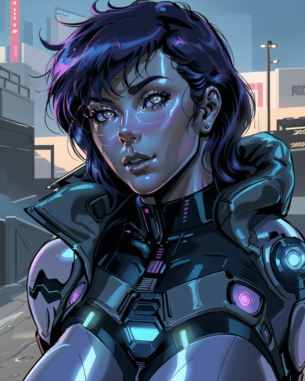 motoko kusanagi, 1girl, masterpiece, best quality, detailed face close up, glow eyes, cyber face, (daytime, outdoors, harsh lighting), western comic book style, detailed intricate linework
