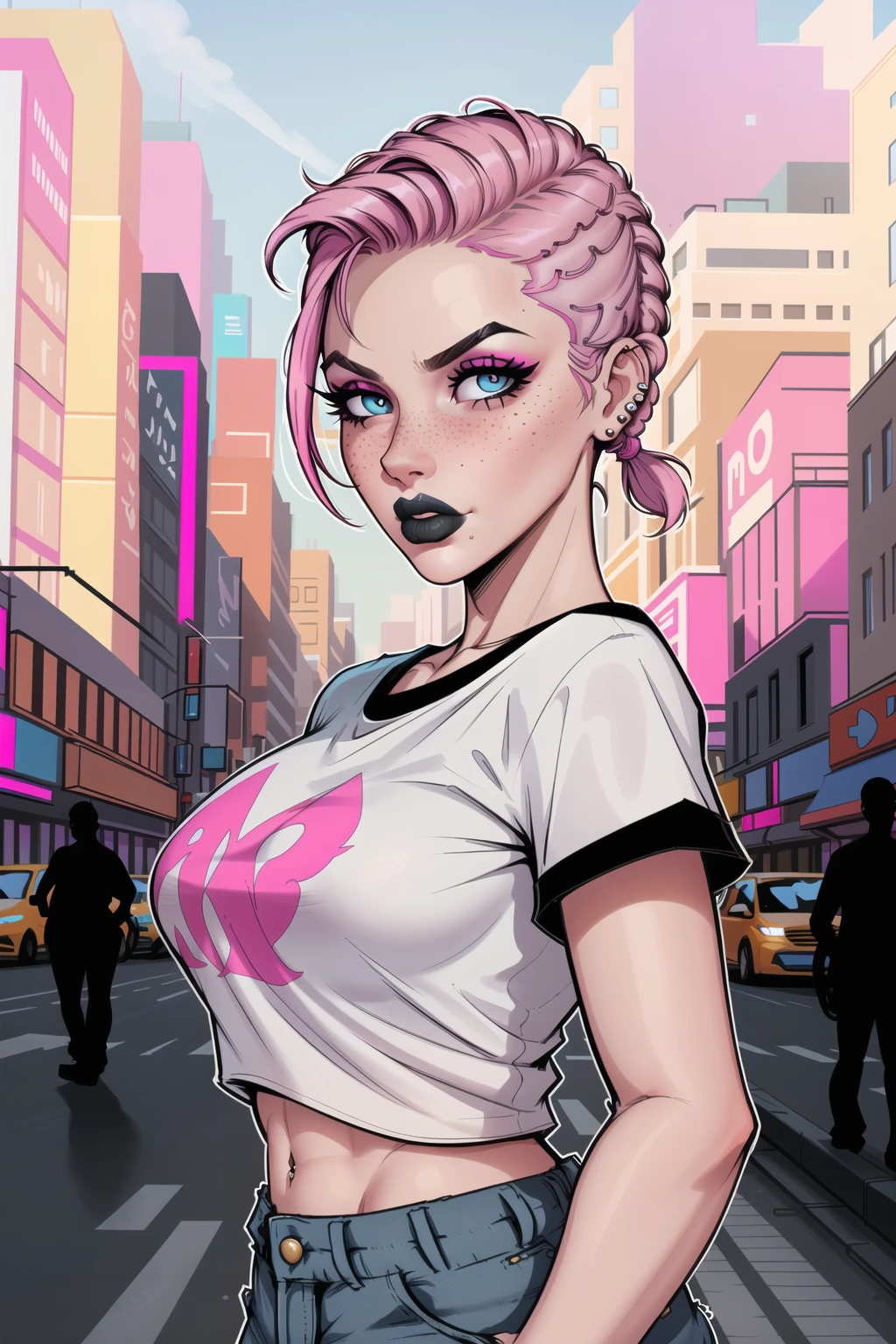 Close up of an adult supermodel woman face, at a busy cluttered city street background, daytime, pale blue[ lazy:0.3] eyes, detailed short pink hair with pigtails and shaved sides haircut, freckles, blushing, pouting expression, single eyebrow raised, eye shadow, black lipstick, pierced eyebrow, big tits, wearing a loose baggy tshirt crop top, looking to the side, comic book style, flat shaded, prominent comic book outline linework