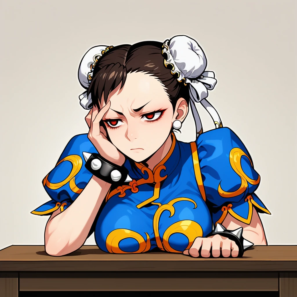 score_9, score_8_up, score_7_up, score_6_up, score_5_up, score_4_up, zPDXL2,source_anime,rating_questionable, 1girl, solo,  chun li,hand on forehead, hunched over desk, shadowed eyes, defeated expression, tired,  <lora:Stressed:0.8> str3ss,