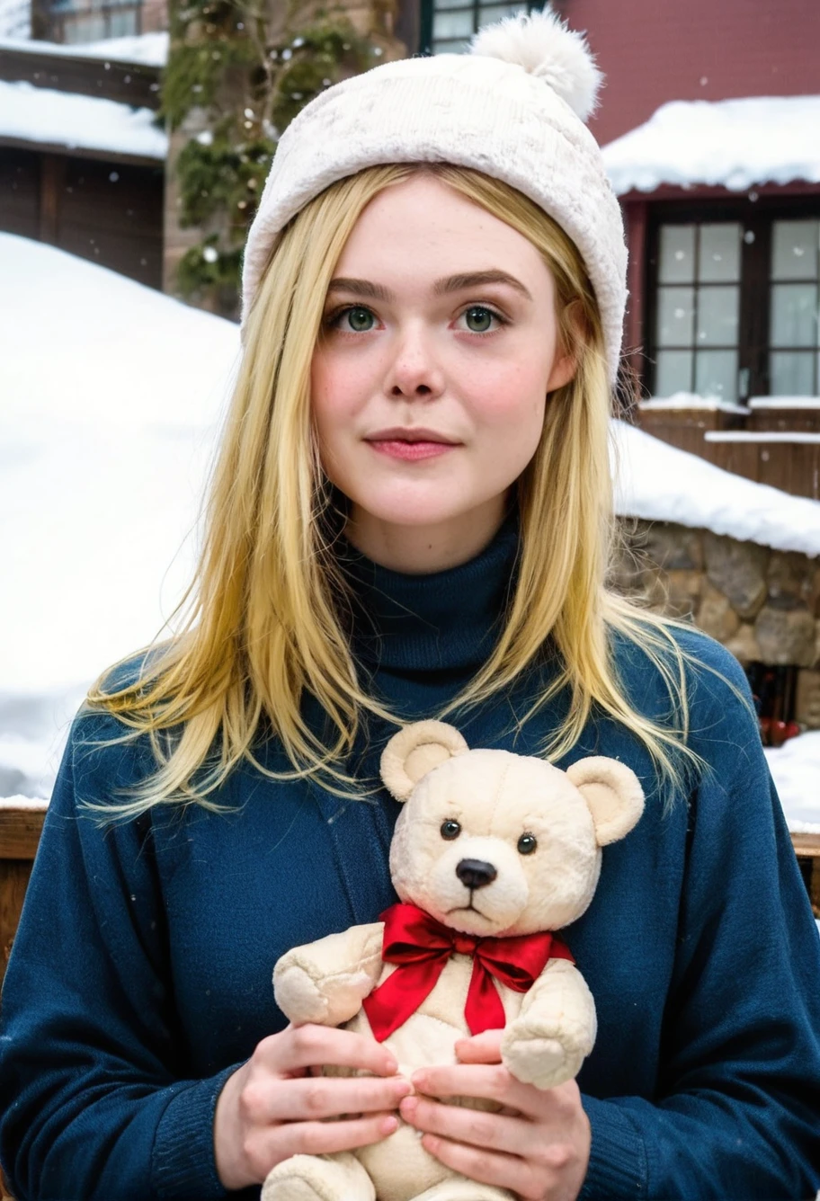 ,score_9,score_8_up,score_7_up, 1girl,blonde,desaturated green eyes,detailed face, looking at viewer,elleFanning,outdoors,snowy,detailed skin, wearing a sweater and winter hat,holding a teddy bear,cute, <lora:elleFanning:1>