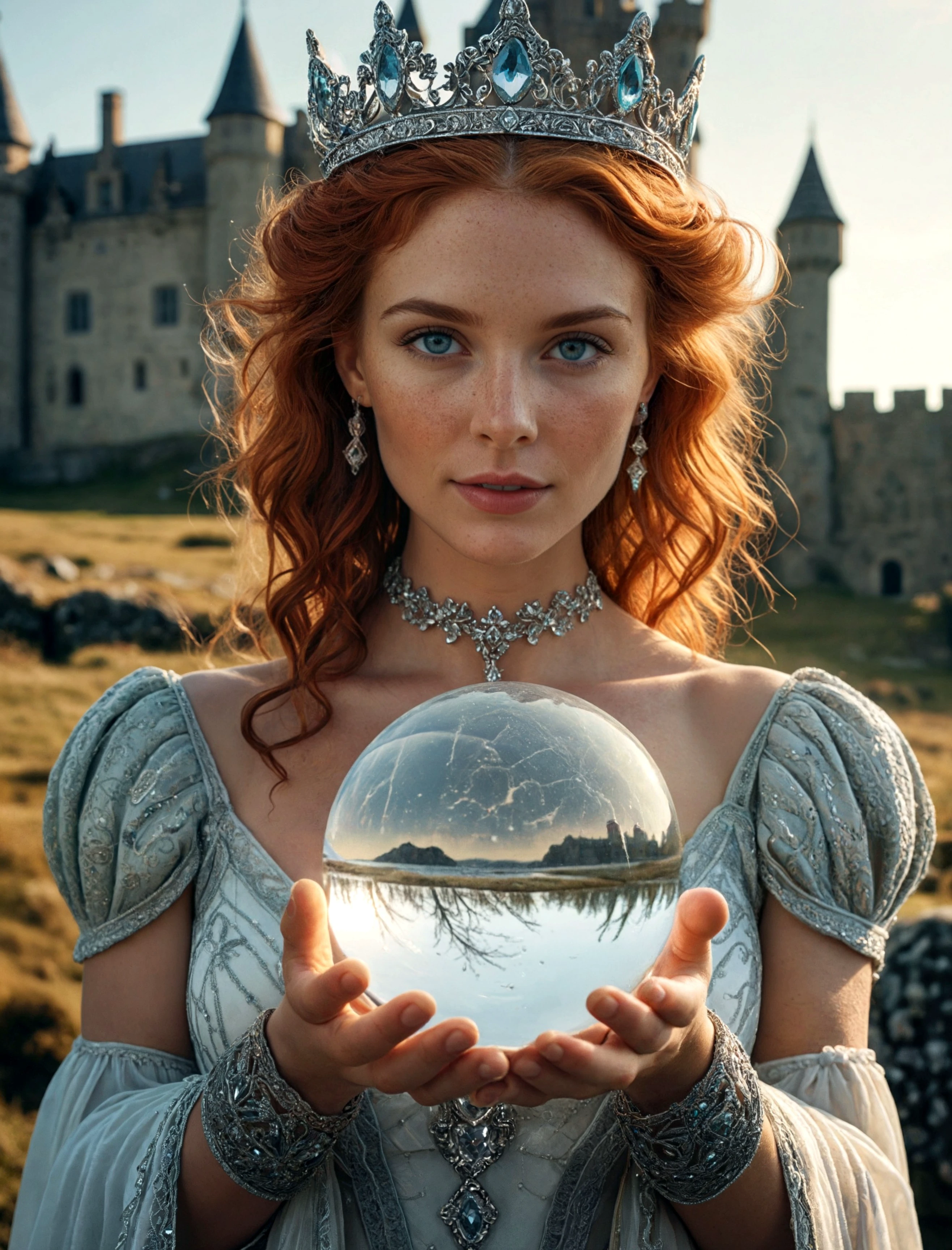 cinematic film still Symmetrical super close up , 1 girl, adult woman, freckles, light blue eyes, ginger textured hair, (looking at the crystal ball in her hand), solo, (full body:0.6), detailed background, close up, cold detailed face, (high fantasy medieval theme:1.1), crystal mage, dynamic pose, elemental rock themed clothes, crystal crown, , icy landscape background, (shallow water:0.7), intense epic ethereal atmosphere, backlighting, reflections, updraft, ((Holding a magical crystal ball with a view to a bedroom inside)) (wearing The Heat Of The Ocean Diamond necklace) ((stood on moorland outside a detailed medieval castle in the background)) <lora:- SDXL - vntblk_vanta_shapes_V1.0:0.48> ((wearing a cystal glass crown on her head) and ((wearing lingerie amour made of Crystals)) ((big smiling mischievously)) <lora:d\EnvyZoomSliderXL01:0.45> (medium boobs) (sunset golden hour), cinematic, colorful background, concept art, 8k, dramatic lighting, high detail, highly detailed, hyper realistic, intricate, intricate sharp details, octane render, smooth, studio lighting, trending on artstation., cinematic photorealistic, 8k uhd natural lighting, raw, rich, intricate details, key visual, atmospheric lighting, 35mm photograph, film, bokeh, professional, 4k, highly detailed . shallow depth of field, vignette, highly detailed, high budget, bokeh, cinemascope, moody, epic, gorgeous, film grain, grainy