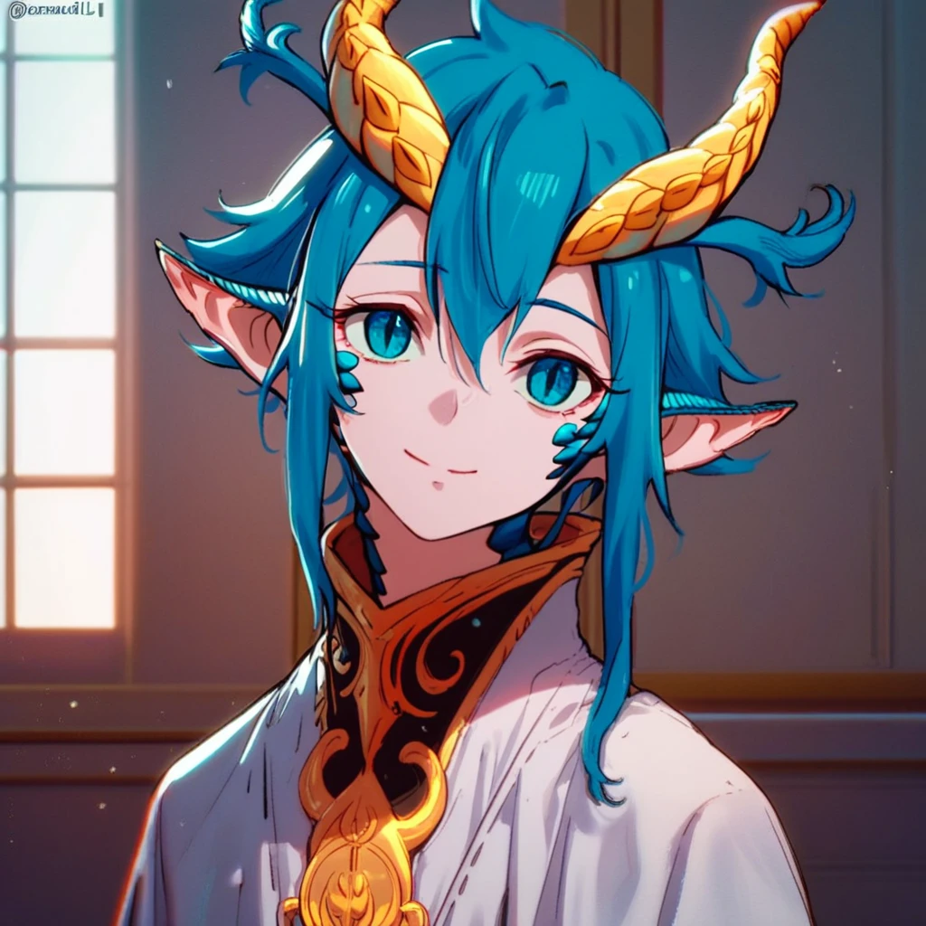 score_9, score_8_up, score_7_up, score_6_up, Skadi-Dragenfelt, Dragonoid, 1girl, solo, looking at viewer, smile, blue eyes, jewelry, closed mouth, blue hair, upper body, horns, pointy ears, twitter username, dragon horns, robe, white robe, sensitive