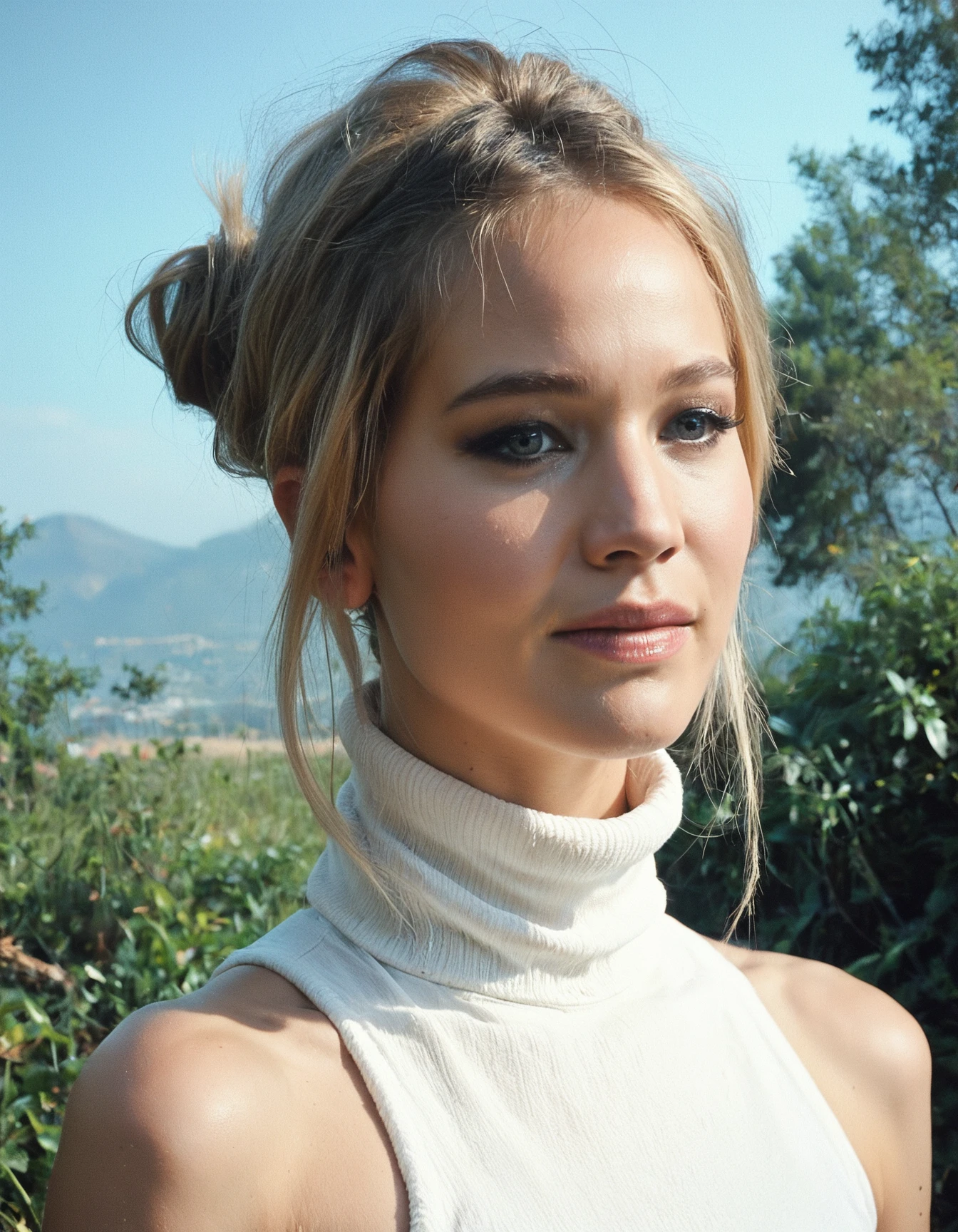 score_9, score_8_up, score_7_up, ohwx, 1girl, realistic, photo \(medium\), sleeveless turtleneck, hair bun, <lora:CrunchyBanana_PONY_DORA_Jennifer_Lawrence V2:1>, solo focus, blonde, outdoors, rating_safe