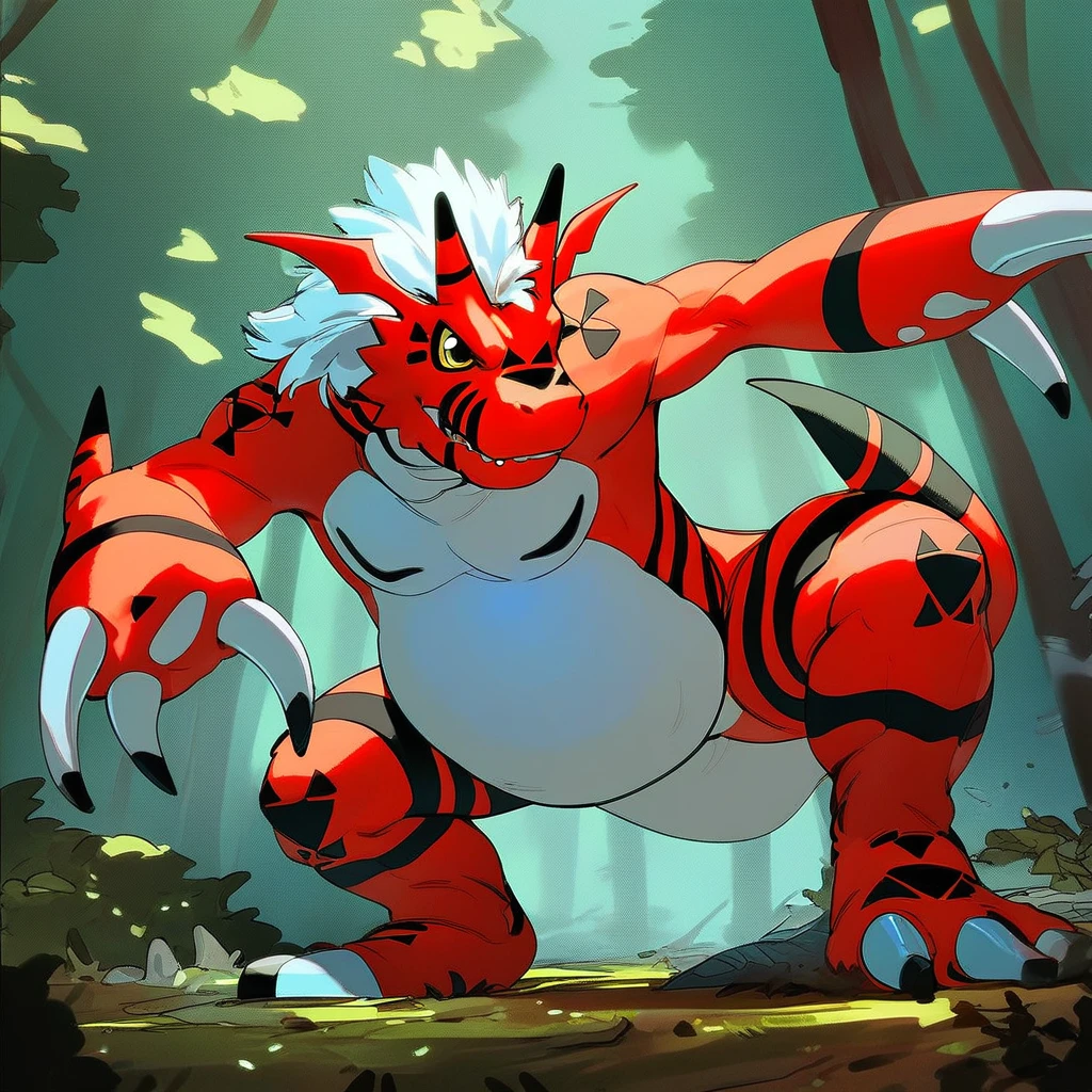 score_9, score_8_up, score_7_up, score_6_up, score_5_up, score_4_up, growlmon, digimon, monster, furry, anthro, red skin, white belly, black markings, white hair, claws, outside, action pose, forest background,