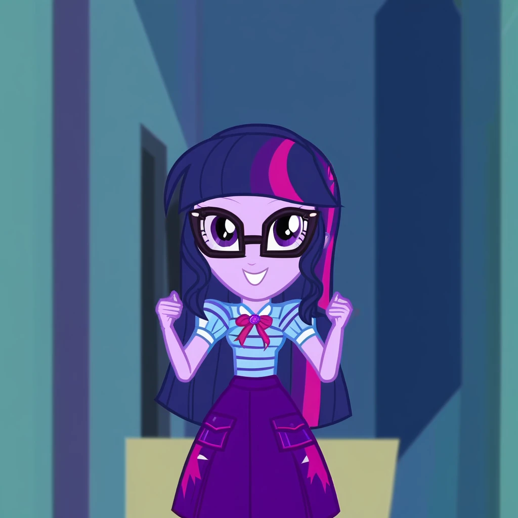 1girl , purple hair, purple skin, purple eyes, multicolored hair, glasses, smiling, hands in the hair, upper body , skirt, shirt,