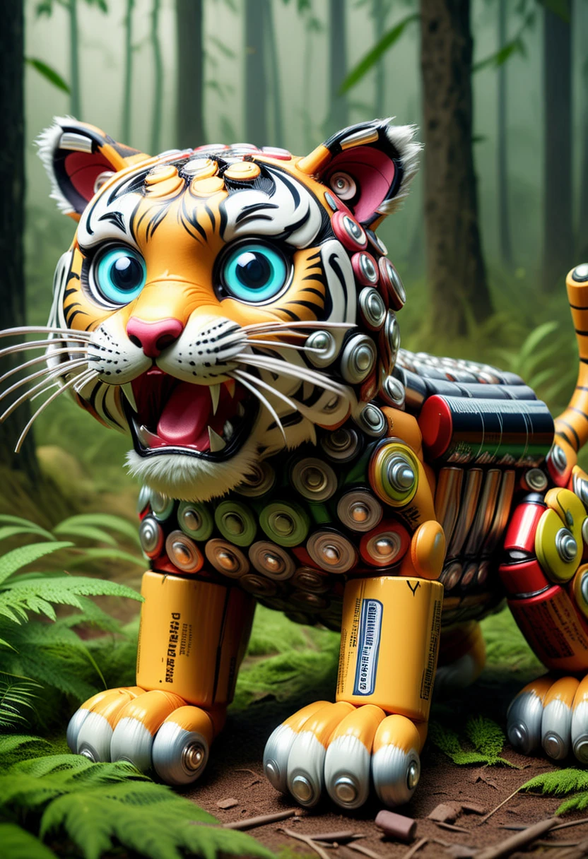 B4TT3R13S, a cute tiger is made of batteries, big eyes,  roaring and attacking birds, set in the forest, ,Masterpiece,best quality, raw photo, realistic, very aesthetic