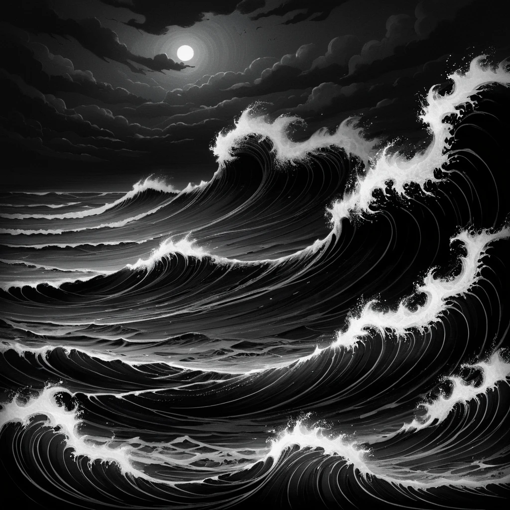 masterpiece, best quality,  <lora:add-detail-xl:1> <lora:ArsMorph_-_World_of_Darkness_SDXL_Pony:0.8> ArsWorldOfDarkness An ocean of undulating darkness, waves formed from crests of deeper shadow. The shore is a gradient of dark granules, with creatures of pure black emerging from the depths.