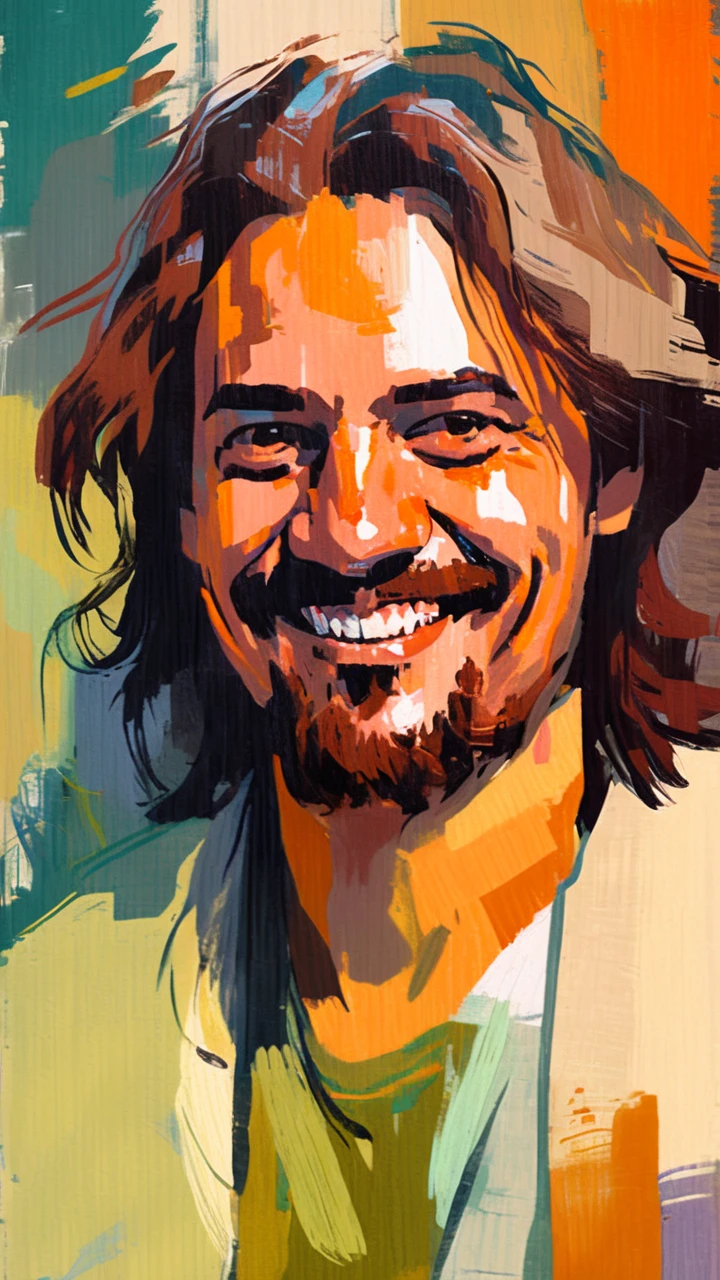 portrait of vinque man, painting by xDElysium, smiling, medium long hair, lopsided smiling, looking at viewer, painterly style, expressionism, strokes rough, brushstrokes visible, rawness, viscerality, color pallete vivid, hand-painted backgrounds, oil painting, high contrast, dramatic lighting 