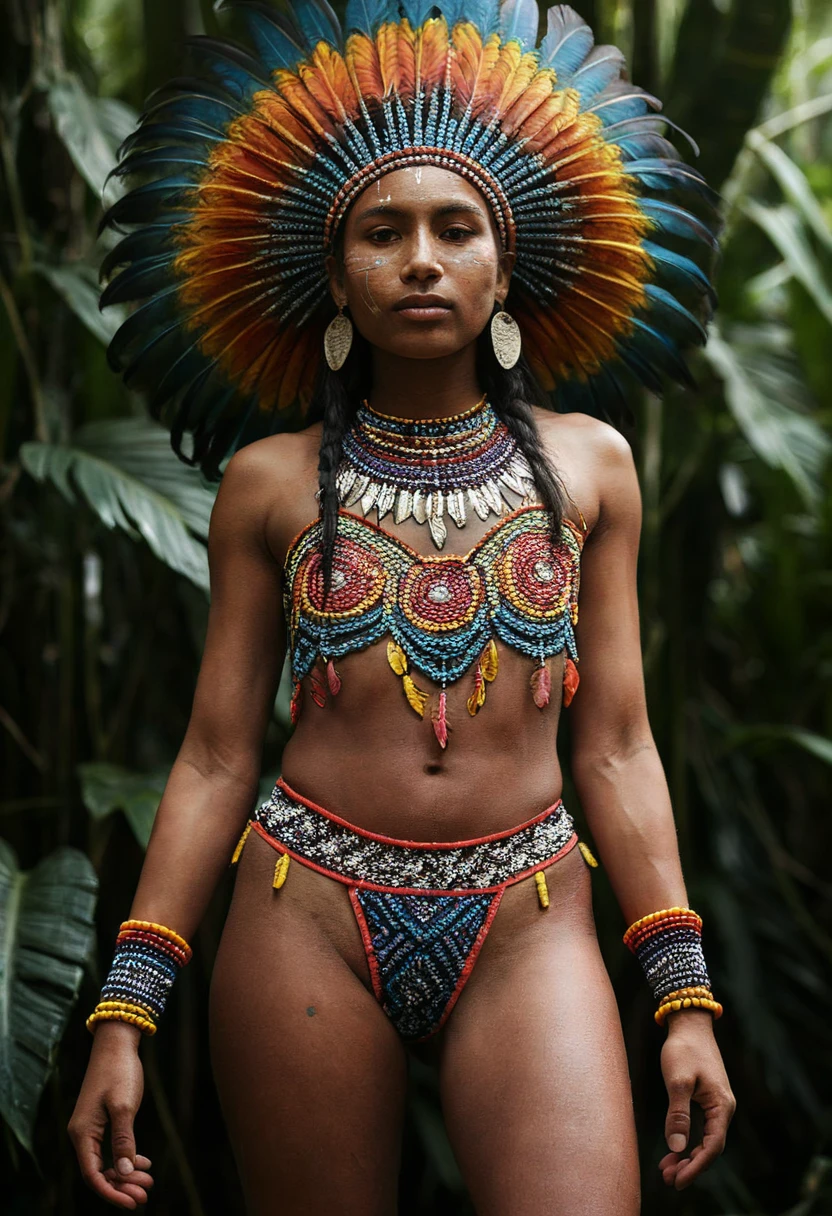 A vivid and captivating portrait of an Amazonian woman naked adorned with exaggerated colorful makeup. Her slender figure is covered in feathered headdresses and body paint, creating a dazzling array of vibrant Amazonian colors. Her intense gaze and proud posture exude strength and confidence, celebrating the beauty and spirit of the Amazonian culture.