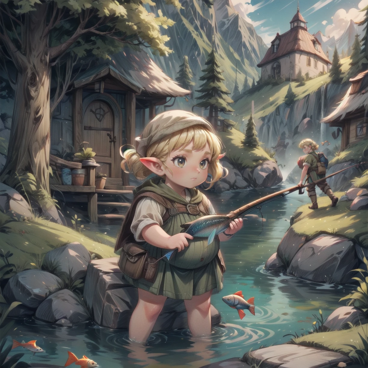 1girl, blonde hair, outside, fishing, fish, <lora:Halflings! 1.5:0.8>, halflings, short, chubby, hobbit, very detailed, <lora:more_details:0.6>, high quality, highres, masterpiece, best quality, 8k, intricate, detailed, <lora:add_detail:0.6>