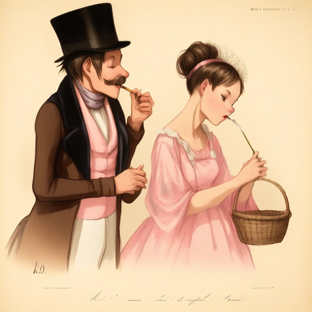 , top hat, scarf, brown hair, 2girls, family, mustache, old, veil, basket, signature, pompadour, pink dress, yuri, bottle, flute, profile, short hair, 2boys, tongue, hair bun