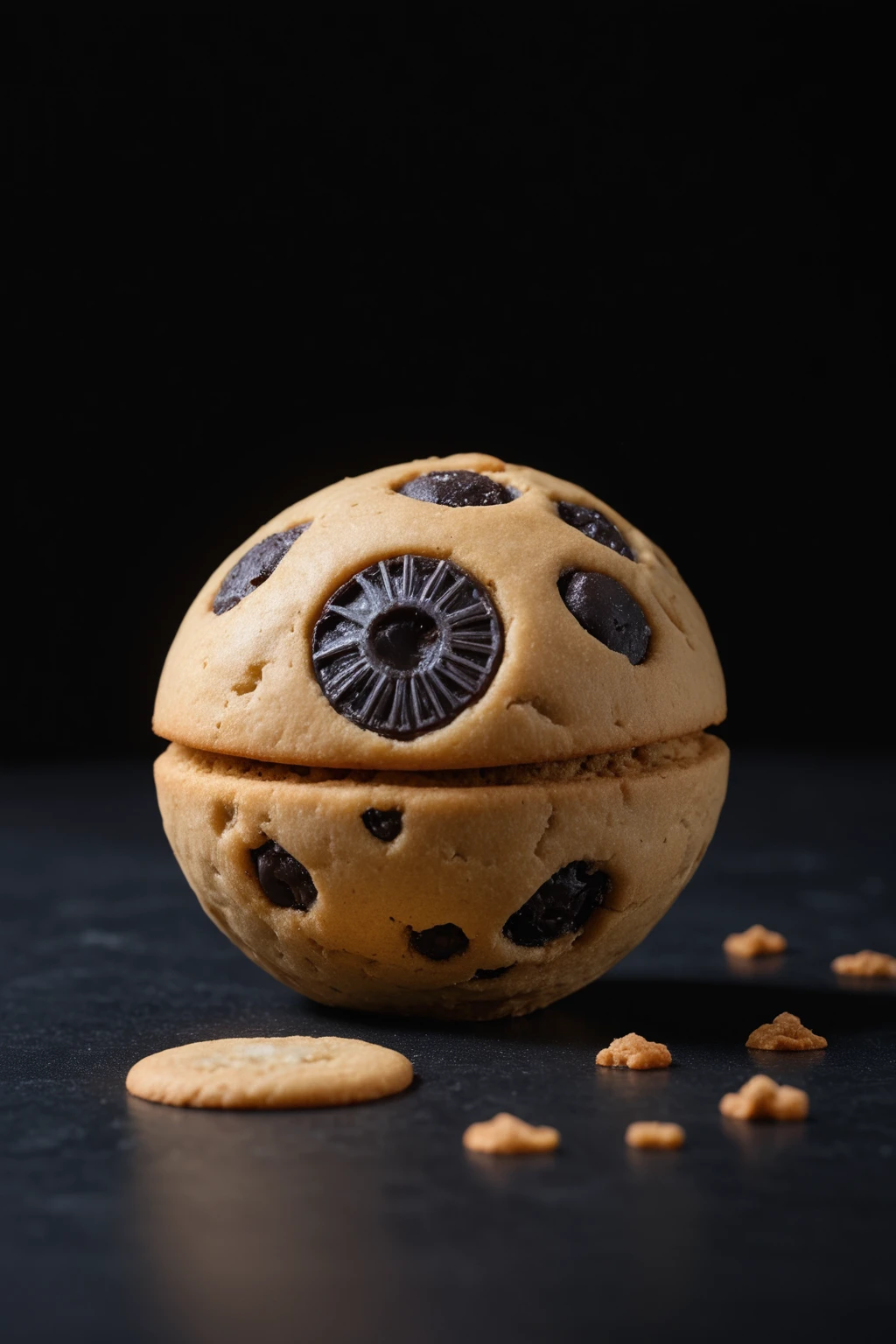 cinematic still a miniature imperial deathstar of starwars made out of Chocolate Chip Cookies, simple black background <lo ra:Chocolate_Chip_Cookies:1> . emotional, harmonious, vignette, highly detailed, high budget, bokeh, cinemascope, moody, epic, gorgeous, film grain, grainy