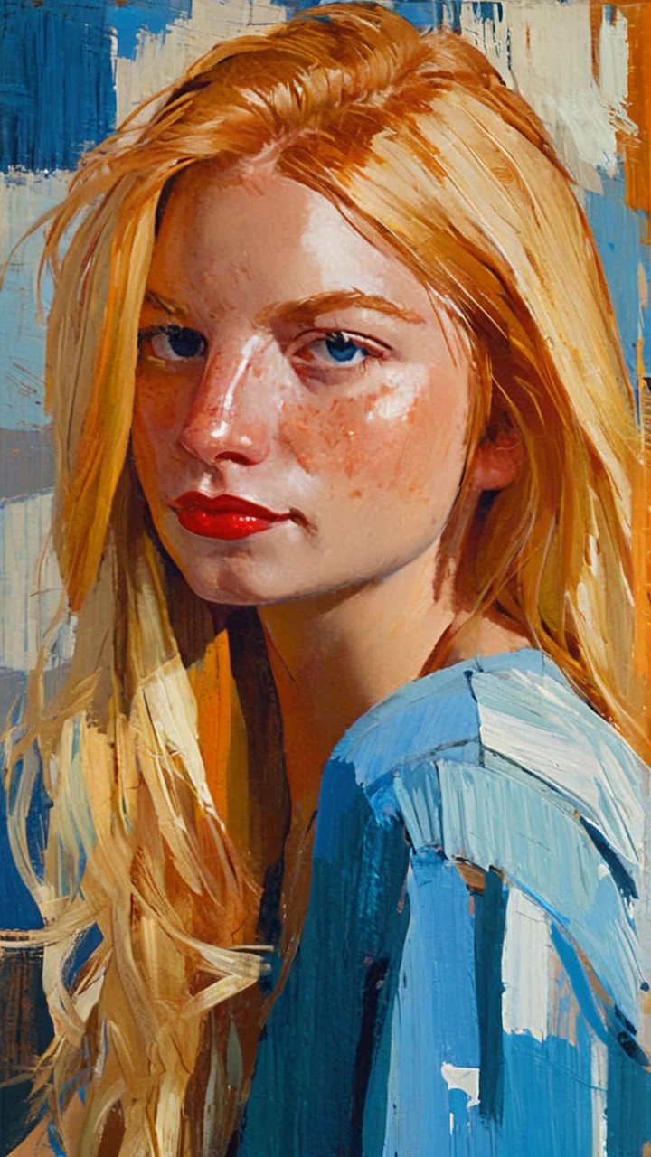 portrait of *realgirlcharacterlora*, 1girl, painting by xDElysium, blonde hair, medium long hair, blue eyes, freckles, looking at viewer, painterly style, expressionism, strokes rough, brushstrokes visible, rawness, viscerality, color pallete vivid, hand-painted backgrounds, oil painting, high contrast, dramatic lighting 