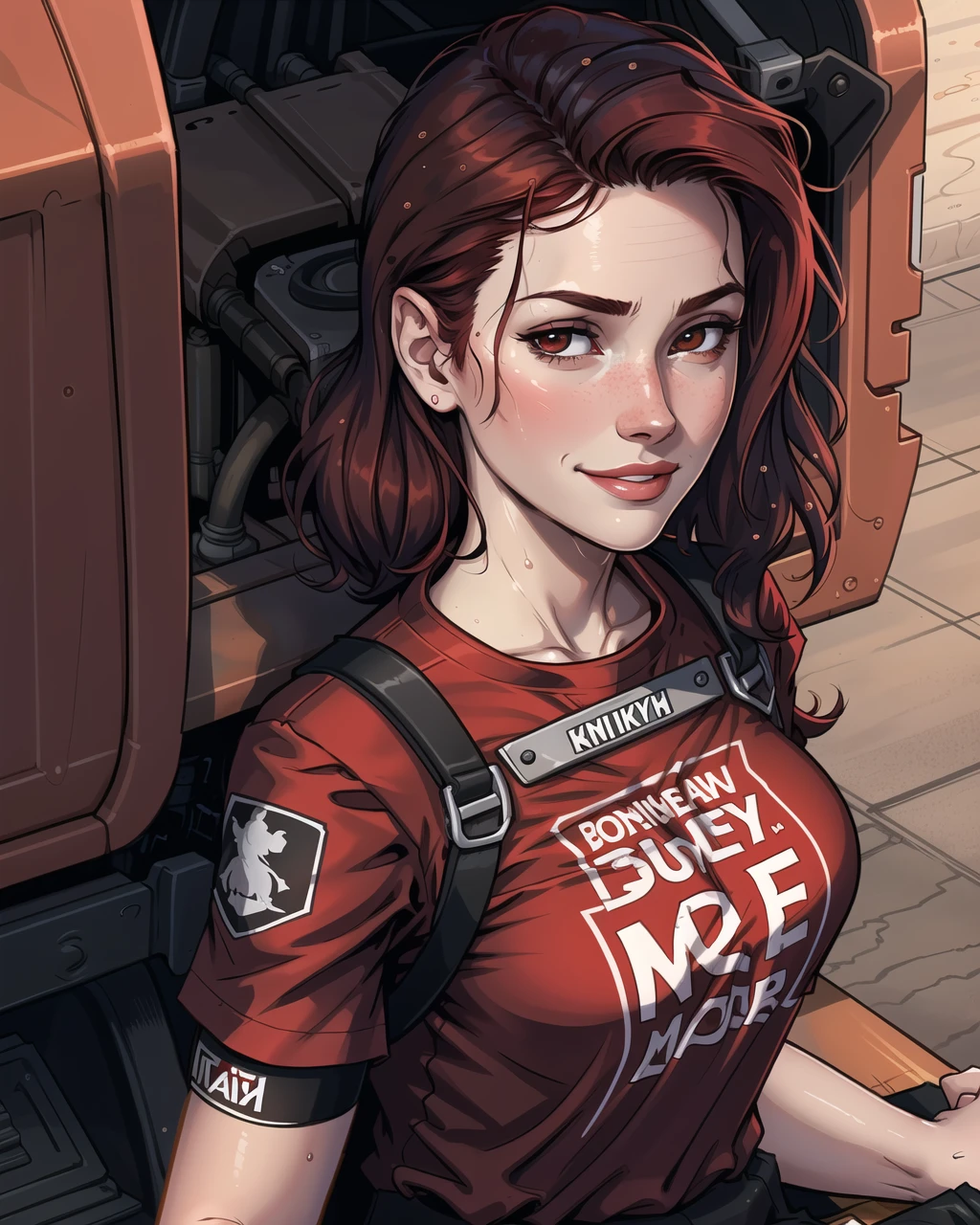 (extreme close up shot), (detailed face), beautiful woman, dark red hair, pale skin, (baggy loose untucked [red|black] tshirt [short|long|short] sleeve), branded graphics clothes with english text, neck brace, [green eyes:0.4], shoulder brace, oily sweaty grimy skin, smirk, lips parted, detailed wet hair, (racing harness), dirty, car mechanic, garage, ((high detailed skin, skin details)), detailed cloth folds, detailed cluttered busy background, 8k uhd, dslr, high quality, film grain, (intricate linework:1) outlines, professional comic book style, (flat shaded:1)