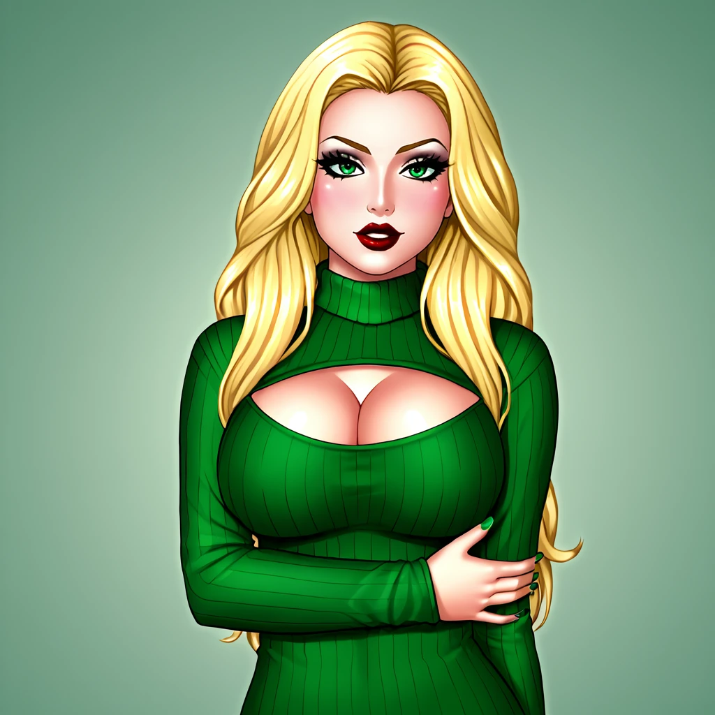 <lora:enchantress_pony_v1:.6>  enchantress, 1girl, solo, large breasts, blonde hair, long hair,  nail polish, green eyes,  lipstick, makeup, green nails <lora:open-chest-sweater-ponyxl-lora-nochekaiser:1> open-chest sweater, ribbed sweater, cleavage cutout, meme attire, clothing cutout, turtleneck, sweater dress, cleavage, clothes tug, sweater pull, cleavage reach,