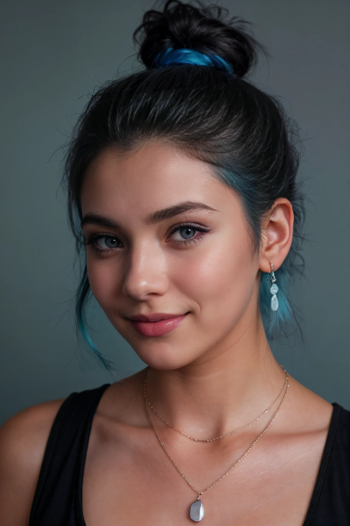 (masterpiece:1.21),(bestquality:1.21),8k,high detailed,ultra-detailed,depth of field,wide angle,1girl,beautiful face,Graceful Hands,Real Skin Texture,solo,looking at viewer,clean background trending,(portrait photo of a gray backdrop),black eyes,beautiful detailed eyes,random_color_lipstick,eyeliner,eyelashes,random_color_nail_polish,earrings,necklace,Pastel blue Hair,hair bun,Kind Smile,High key lighting,shadow
Stable-Yogis-Samsung-s24-ultra-1.5x
Stable-Yogis_Makeup-Enhancer-1.5x
Stable-Yogis-Truecapture-1.5x
Stable-Yogis-Rembrandt-lighting-1.5x
Stable-Yogis-EtherealBeauty-1.5x
<lora:Detail-Slider-V3-By-Stable_yogi:0.4>
<lora:NOISEOFFSET_BY_STABLE_YOGI:0.4>