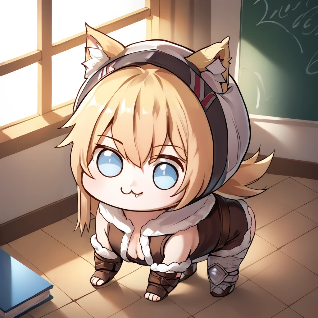 <lora:IDW (4):1>,1girl,solo,idw \(girls' frontline\),idw \(cloak and cat ears\),blonde hair,hair between eyes,long hair,cat ears,animal ear fluff,hood,ears through headwear,blue eyes,slit pupils,fangs,cat tail,black undershirt,fur vest,fingerless gloves,belt accessory,brown footwear,bandaged leg,fur greaves,indoors,classroom,<lora:Doro_X_PDXL_V1:1>,doro,creature,:3,chibi, no humans,white skin,solid circle eyes,no pupils,four legs,, score_9, score_8_up, score_7_up, perfect anatomy, source_anime, zPDXL2,