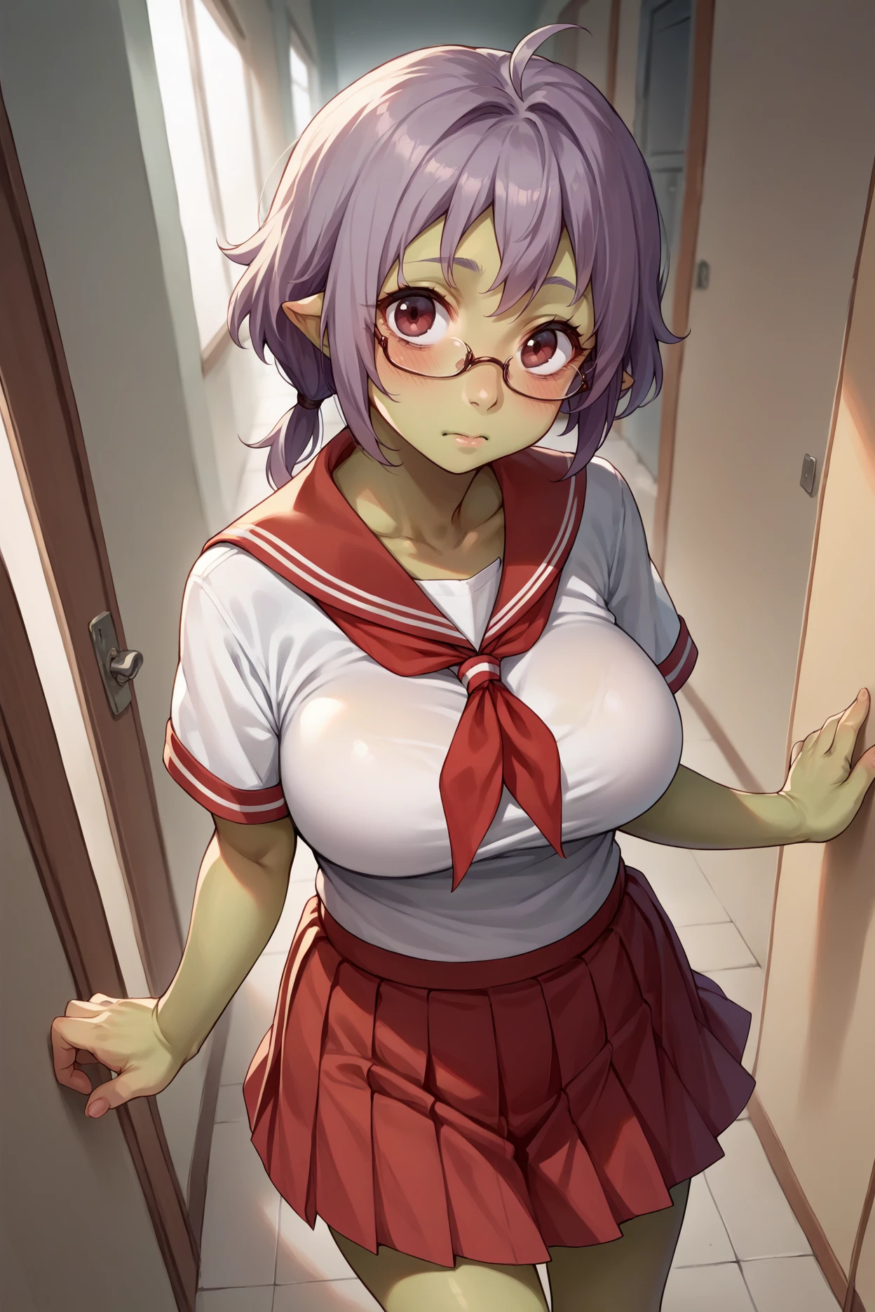 score_9, score_8_up, score_7_up, score_6_up, source_anime, 1girl, solo,  <lora:tsharuna-pdxl-nvwls-v1-000006:1> tsharuna, green skin, large breasts, white t-shirt, glasses, red neckerchief, sailor collar, pleated skirt, red skirt, blush, looking at you, hallway, from above